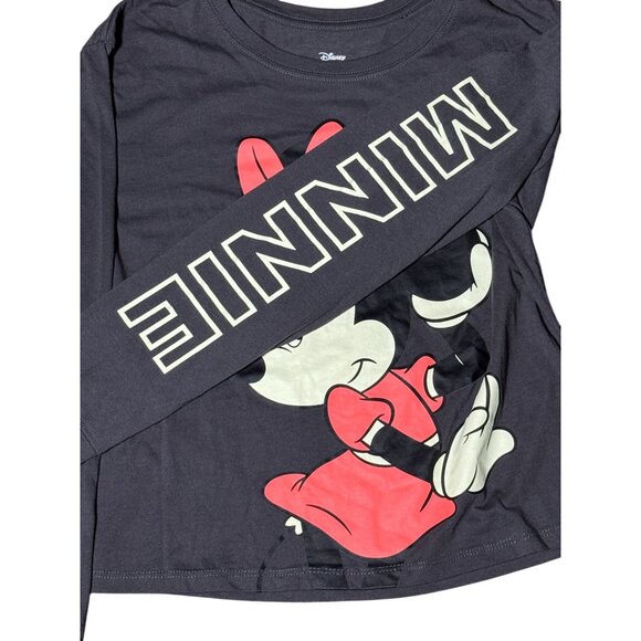 NEW Disney Minnie Mouse Graphic Tee Womens M Grey Asphalt Sleeve Spellout Shirt - Picture 3 of 9